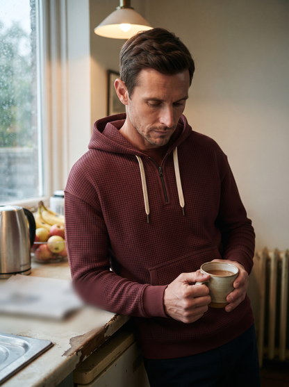 Waffle-Knit Half-Zip Hoodie – Burgundy – lifestyle at home