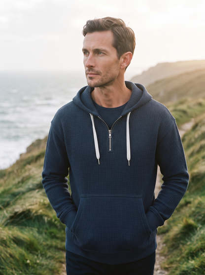 Waffle-Knit Half-Zip Hoodie – Navy Blue – lifestyle outdoors