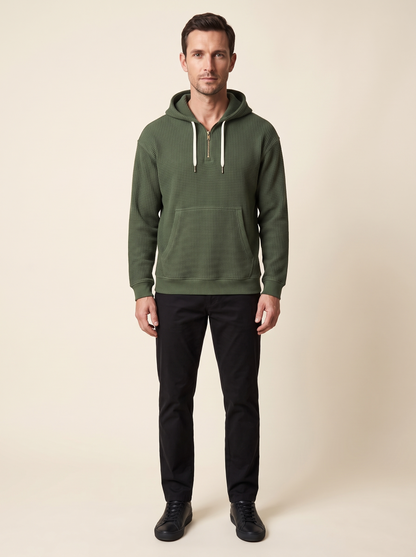 Waffle-Knit Half-Zip Hoodie – Army Green – on model