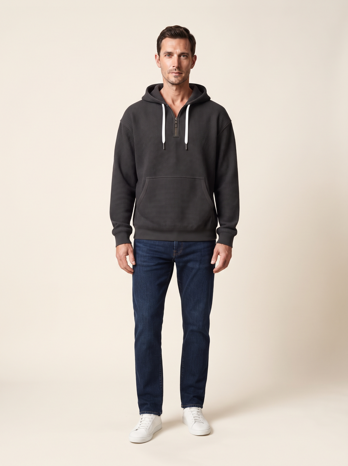 Waffle-Knit Half-Zip Hoodie – Black – on model