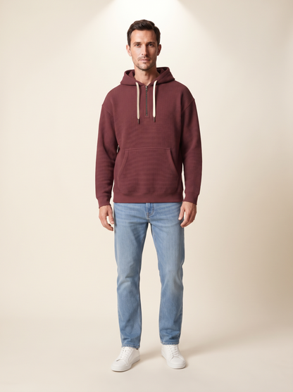 Waffle-Knit Half-Zip Hoodie – Burgundy – on model