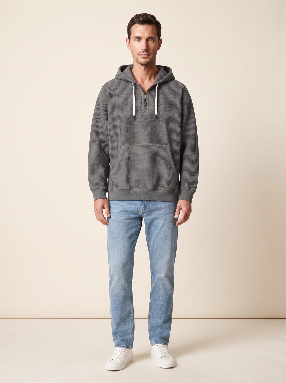 Waffle-Knit Half-Zip Hoodie – Grey – on model