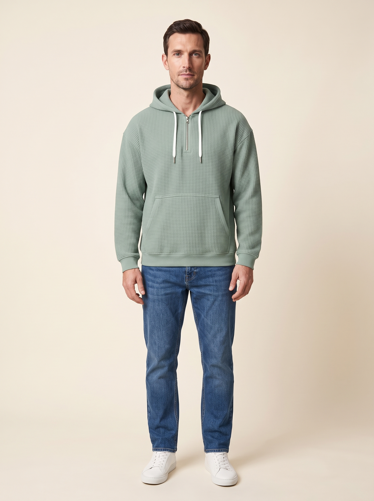Waffle-Knit Half-Zip Hoodie – Green – on model
