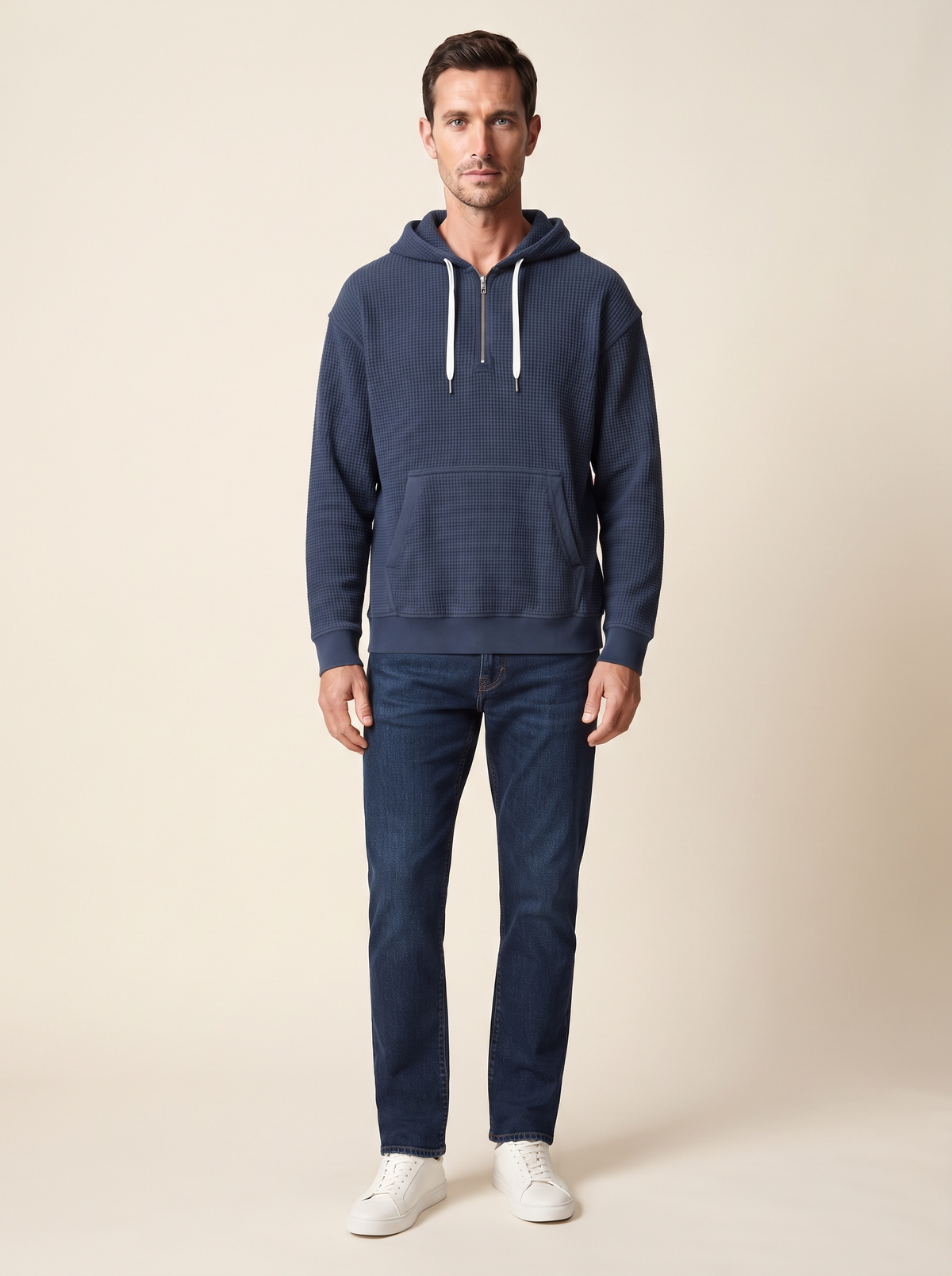 Waffle-Knit Half-Zip Hoodie – Navy Blue – on model