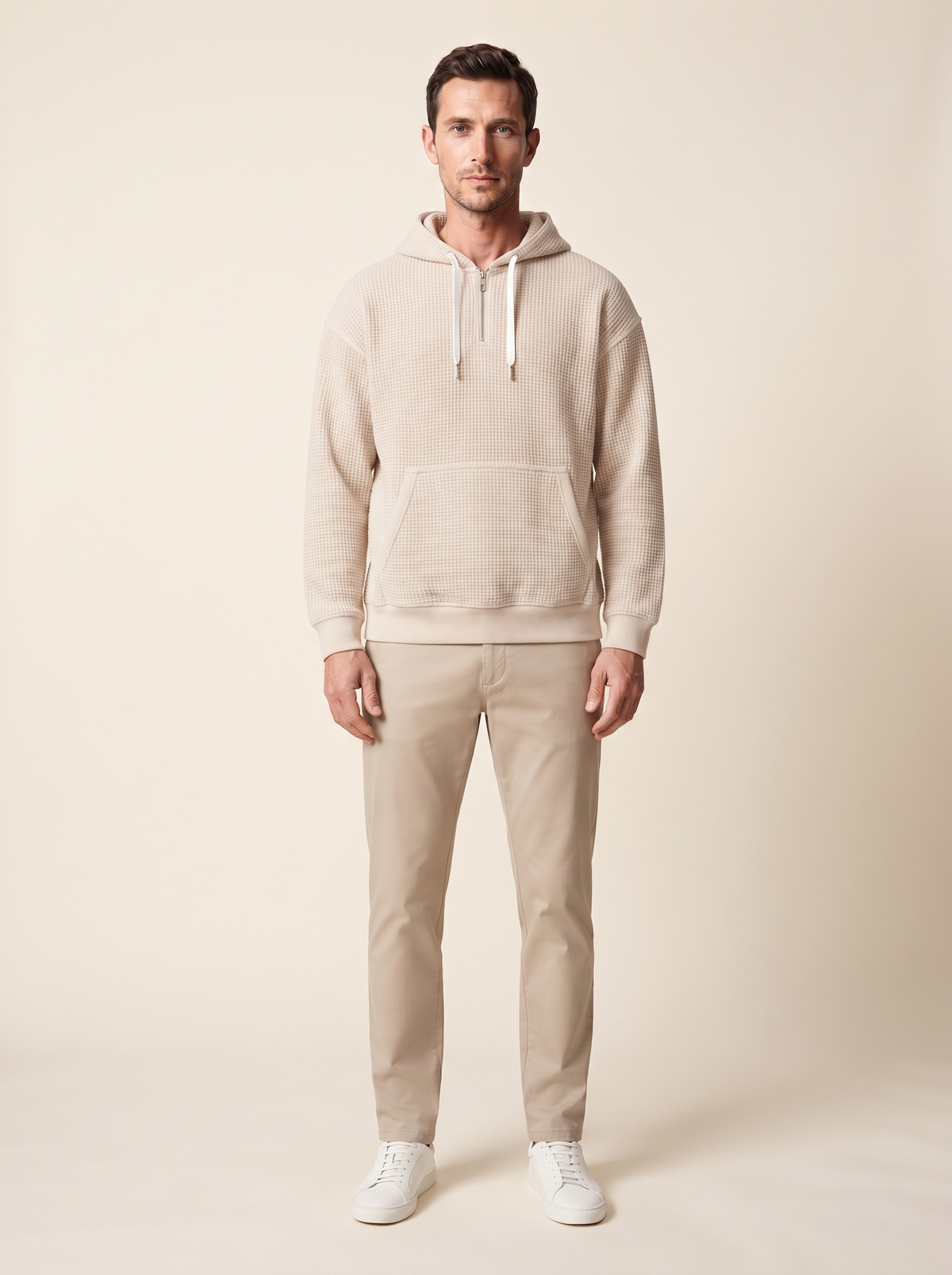 Waffle-Knit Half-Zip Hoodie – Off-White – on model