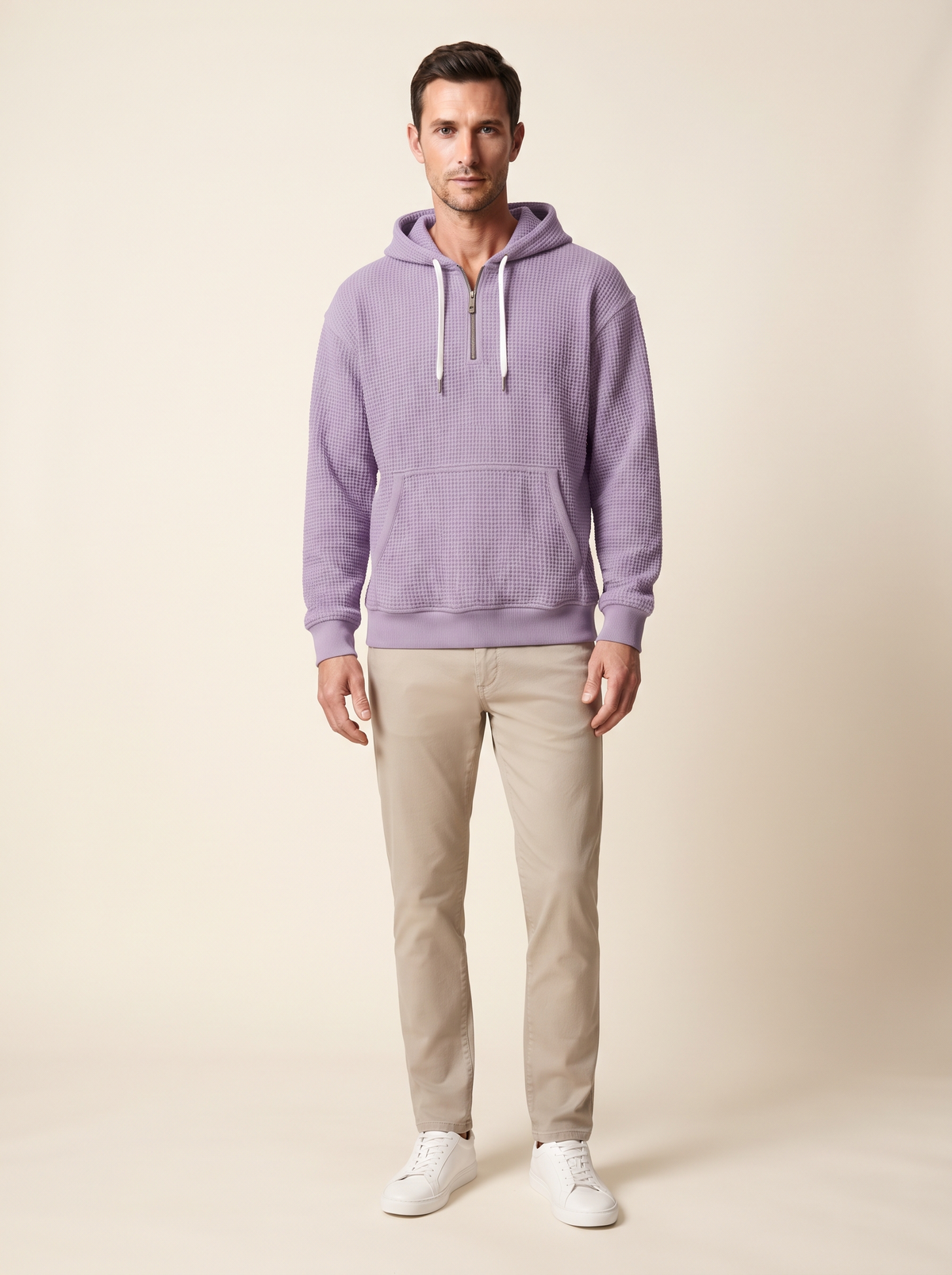 Waffle-Knit Half-Zip Hoodie – Purple – on model