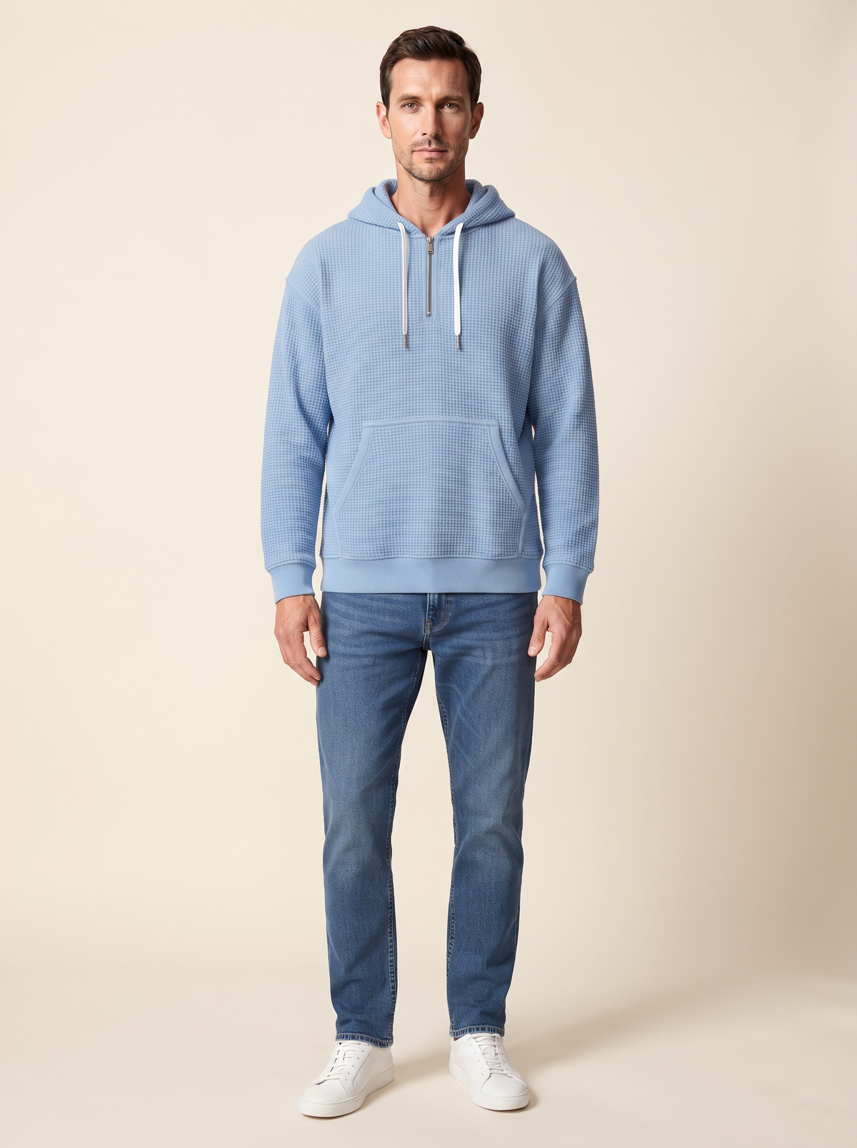Waffle-Knit Half-Zip Hoodie – Sky Blue – on model