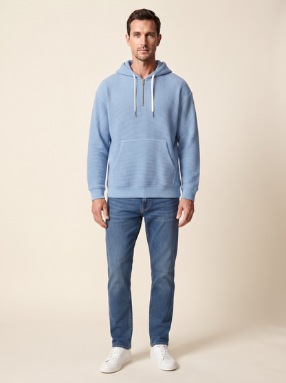 Waffle-Knit Half-Zip Hoodie – Sky Blue – on model