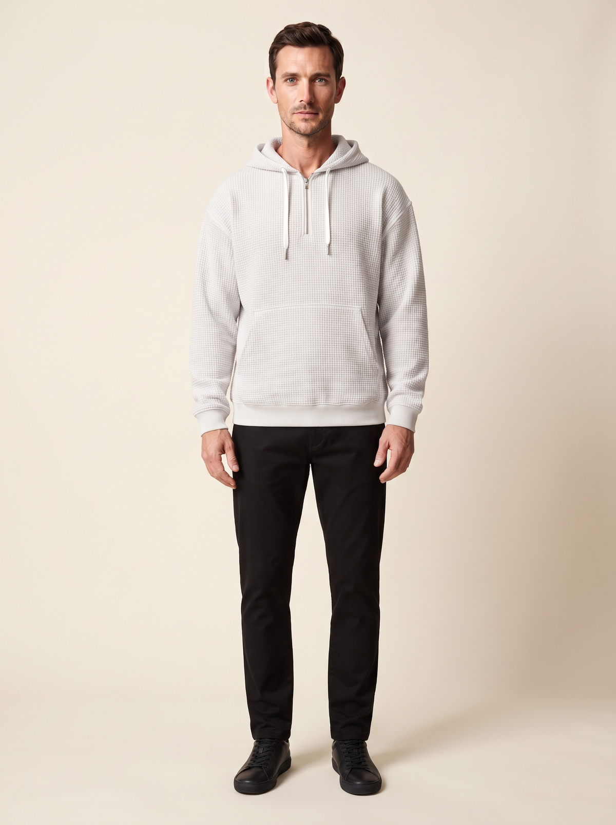 Waffle-Knit Half-Zip Hoodie – White – on model