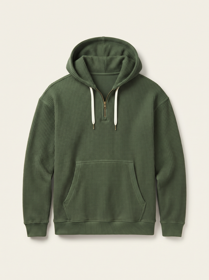 Waffle-Knit Half-Zip Hoodie – Army Green – product view