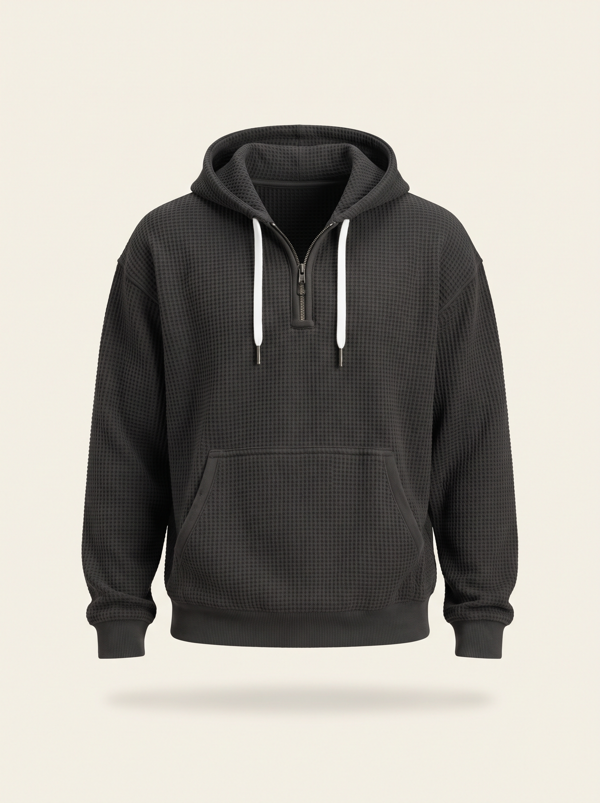 Waffle-Knit Half-Zip Hoodie – Black – product view