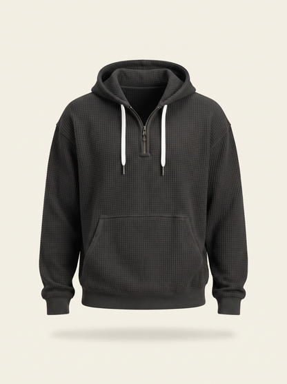 Waffle-Knit Half-Zip Hoodie – Black – product view