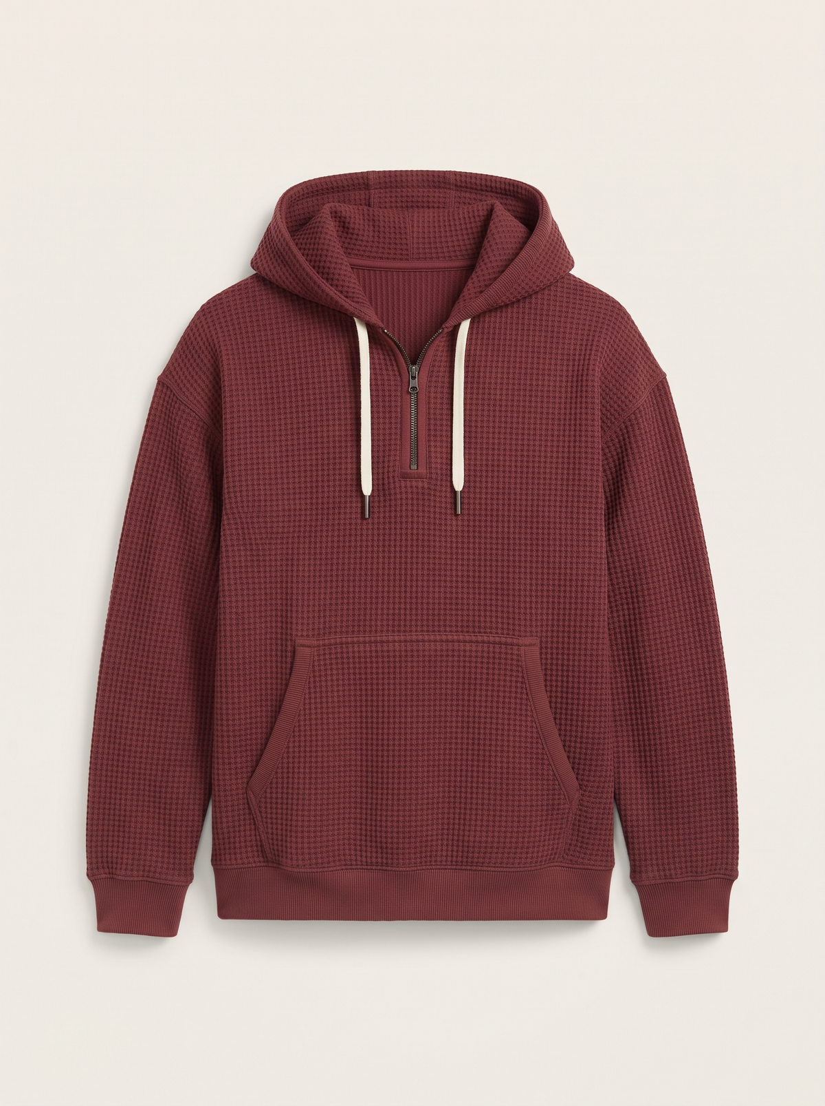 Waffle-Knit Half-Zip Hoodie – Burgundy – product view