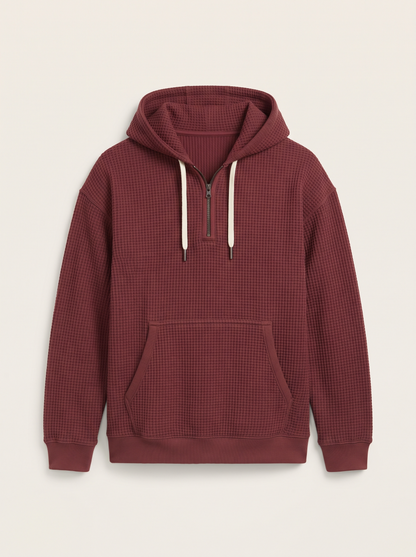Waffle-Knit Half-Zip Hoodie – Burgundy – product view