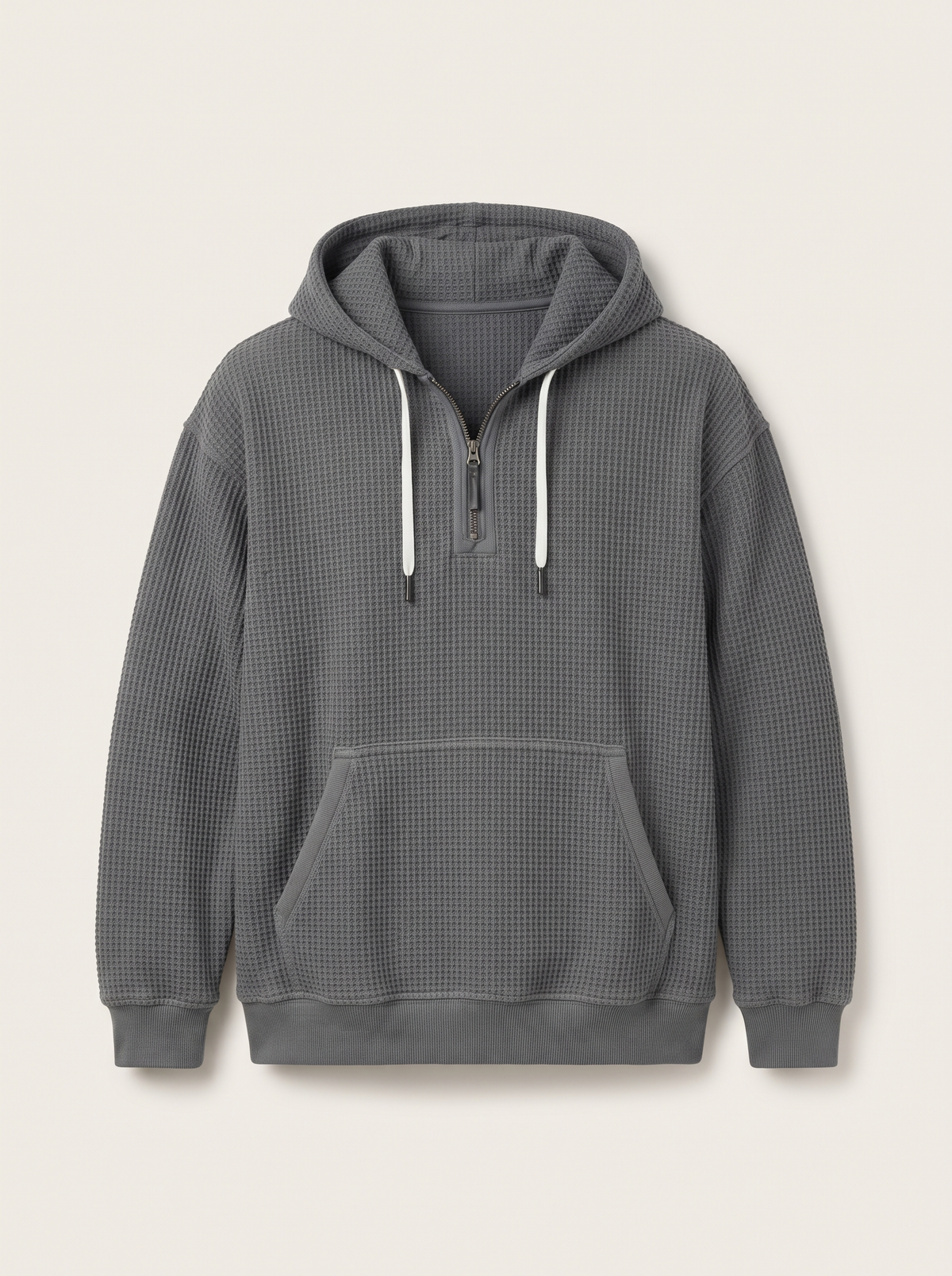 Waffle-Knit Half-Zip Hoodie – Grey – product view
