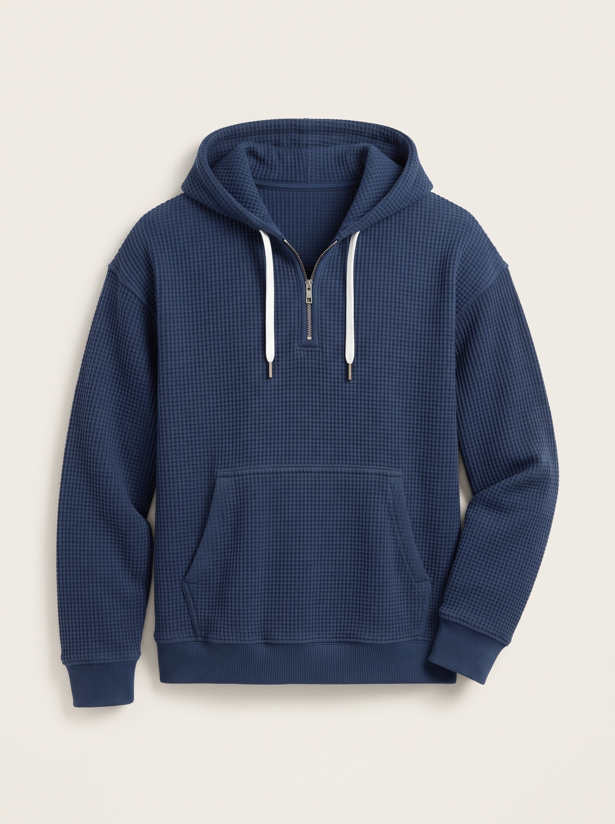 Waffle-Knit Half-Zip Hoodie – Navy Blue – product view