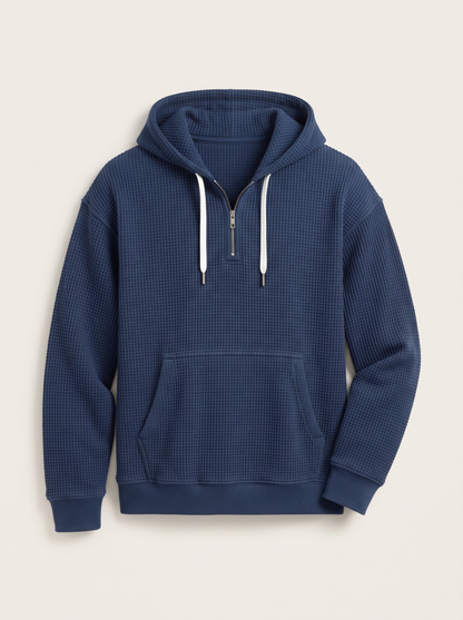 Waffle-Knit Half-Zip Hoodie – Navy Blue – product view