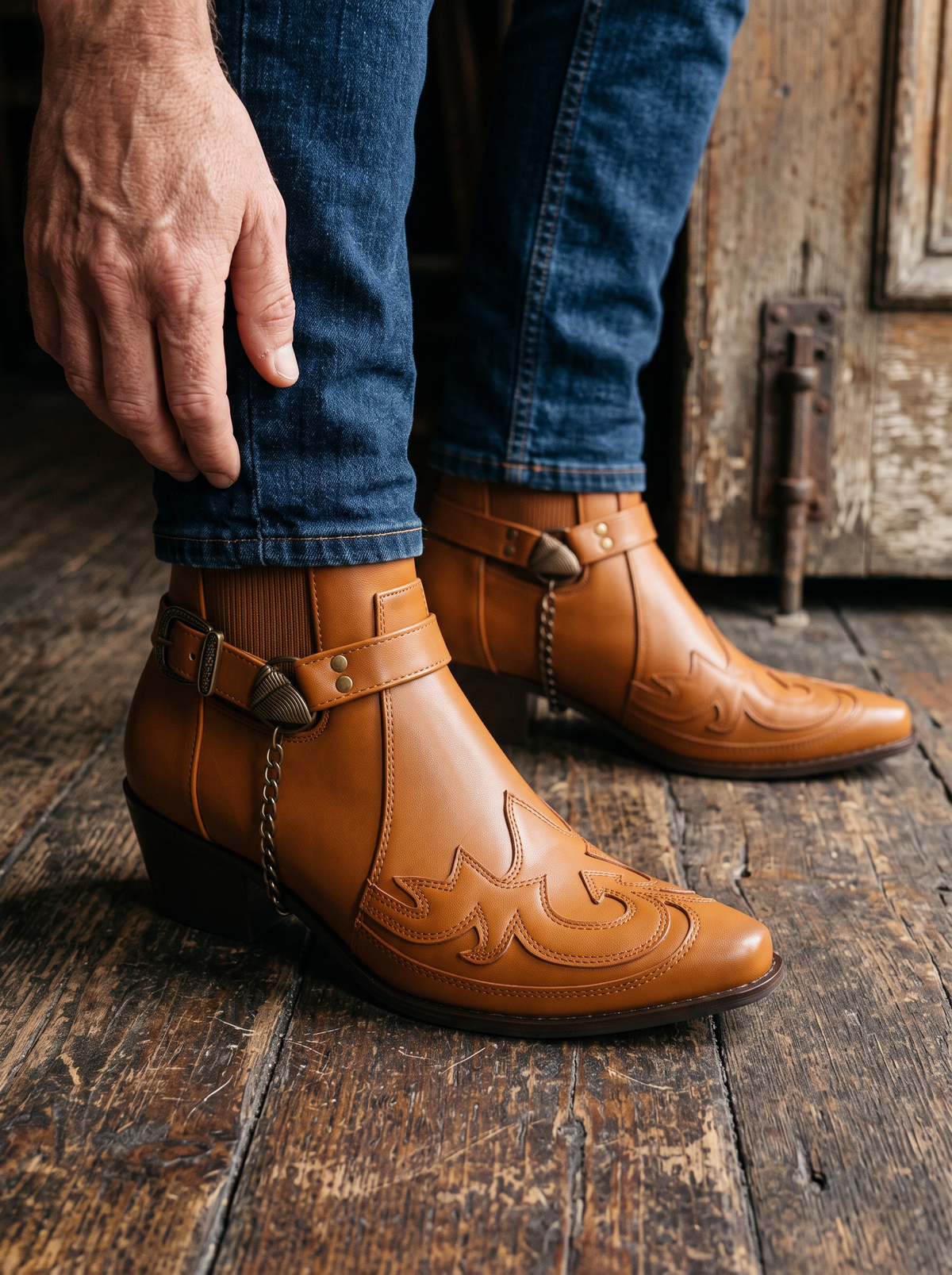 Western Buckle Strap Ankle Boots – Brown – on-foot close-up