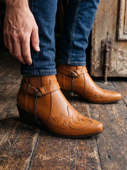 Western Buckle Strap Ankle Boots – Brown – on-foot close-up