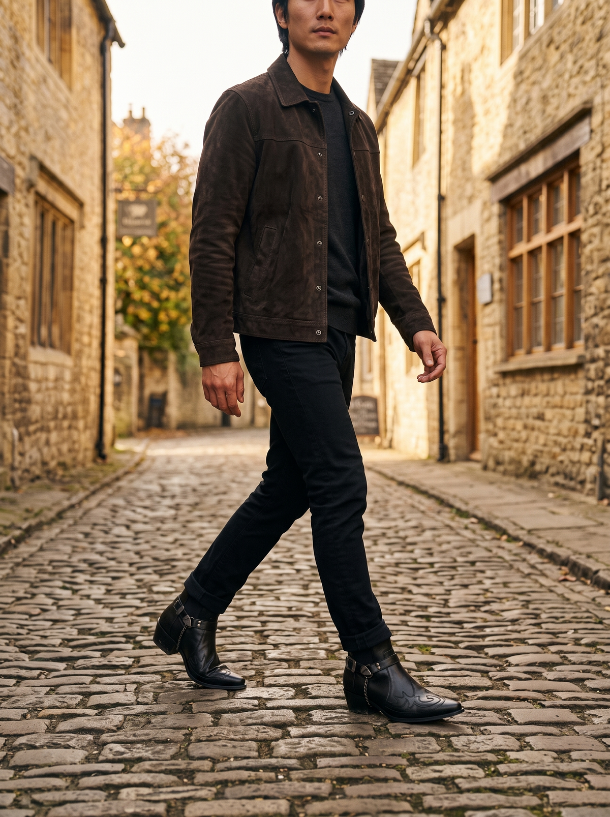 Western Buckle Strap Ankle Boots – Black – worn on a cobbled lane