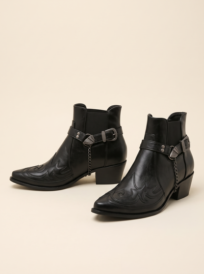 Western Buckle Strap Ankle Boots – Black – product view