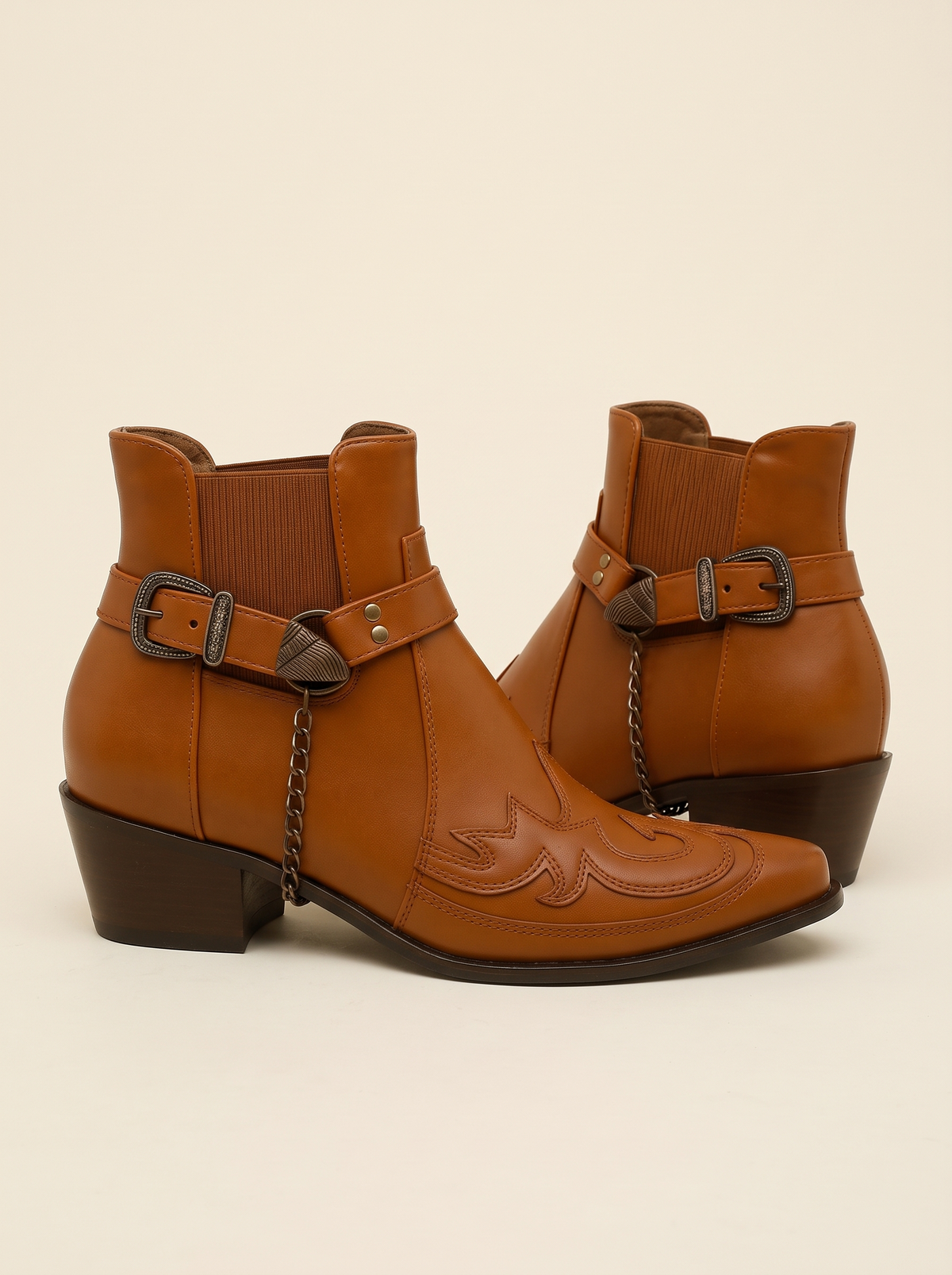 Western Buckle Strap Ankle Boots – Brown – product view