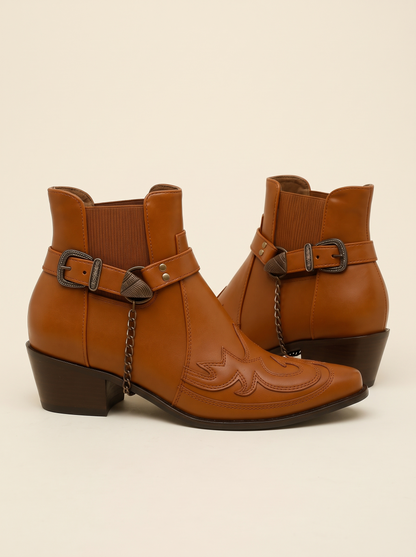 Western Buckle Strap Ankle Boots – Brown – product view