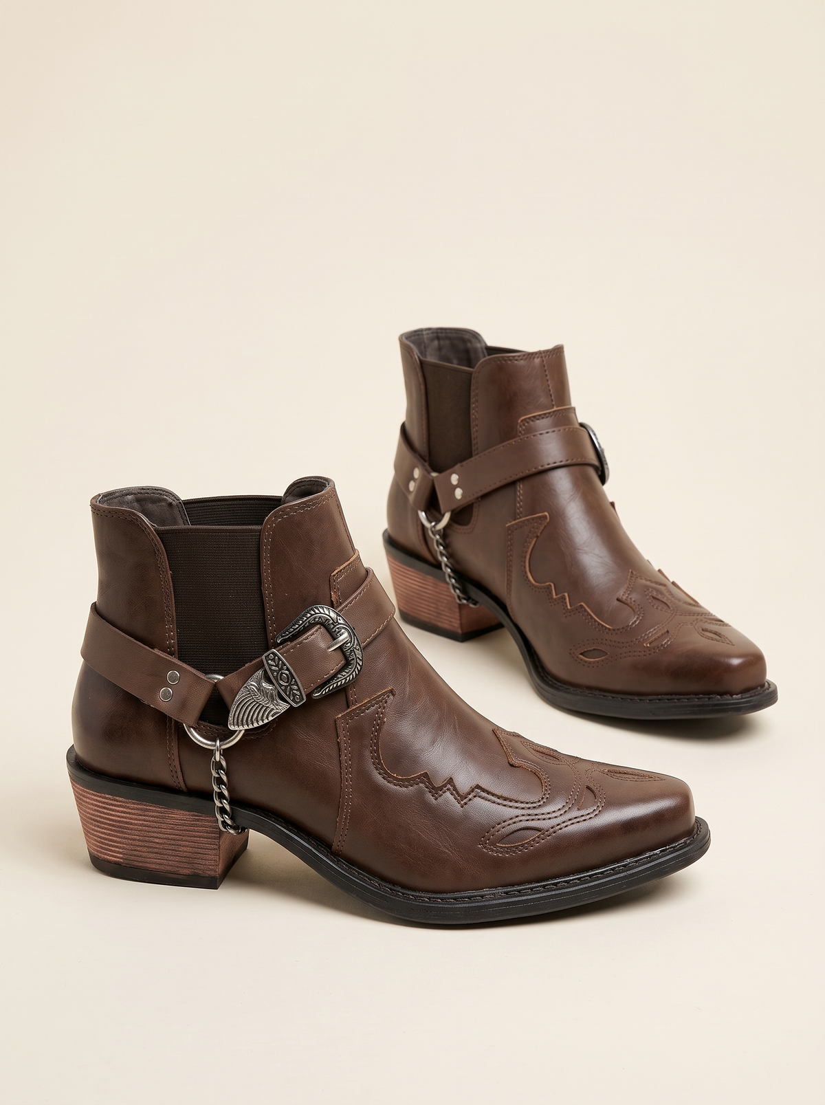 Western Buckle Strap Ankle Boots – Coffee – product view