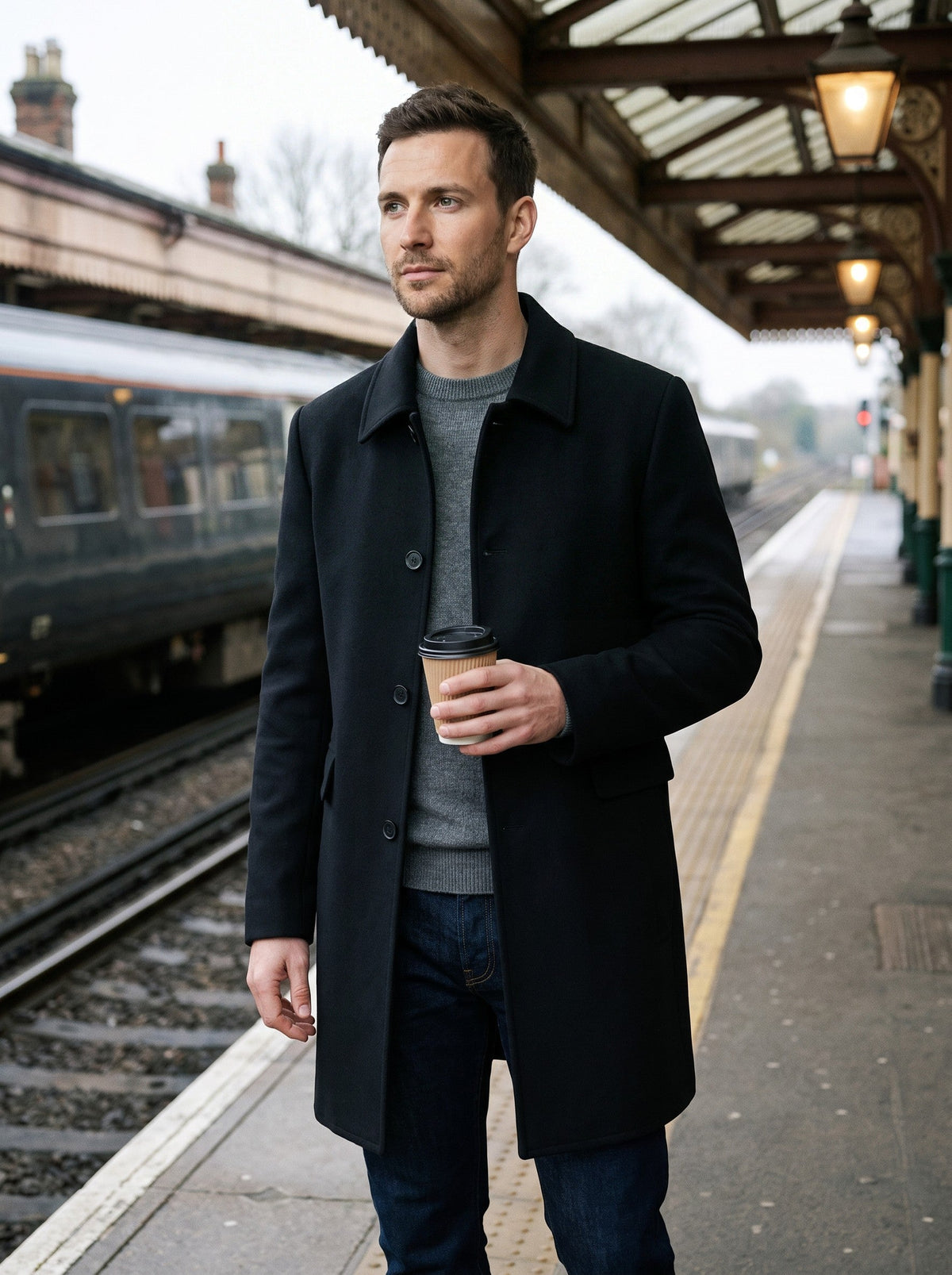 Men's Wool Blend Overcoat – Black – worn with jeans on a train platform