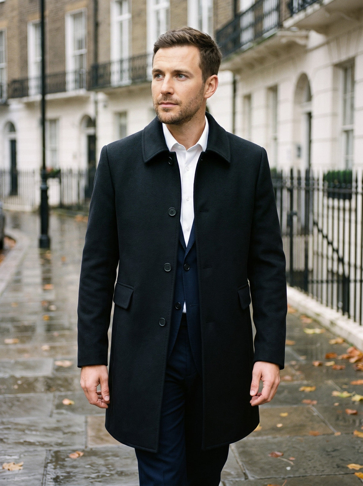 Men's Wool Blend Overcoat – Black – worn over a suit on a London street