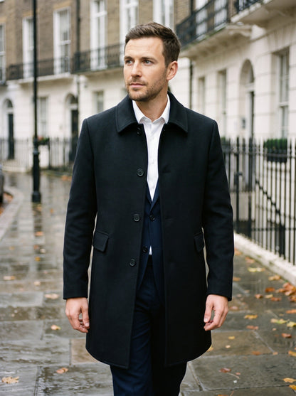 Men's Wool Blend Overcoat – Black – worn over a suit on a London street