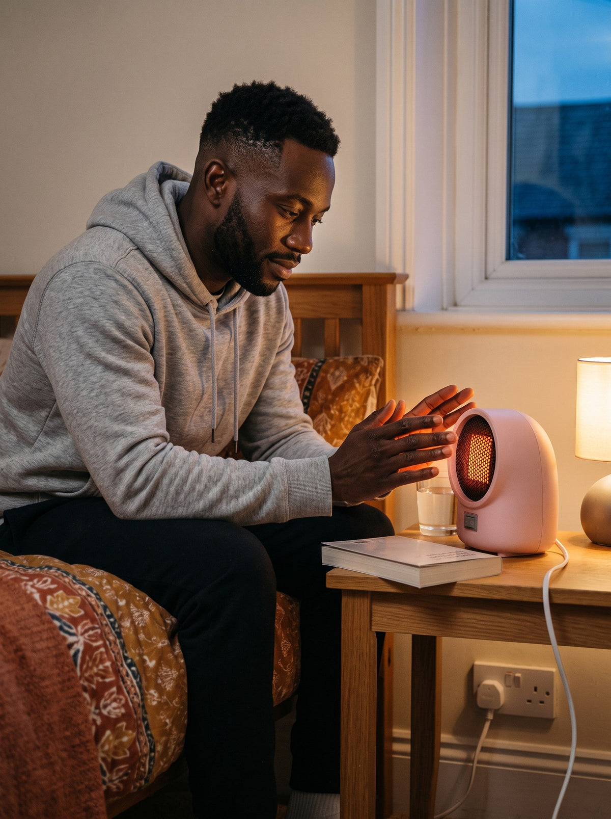 Mini Ceramic Heater 400 W – Pink – on a bedside table, plugged into a UK socket
