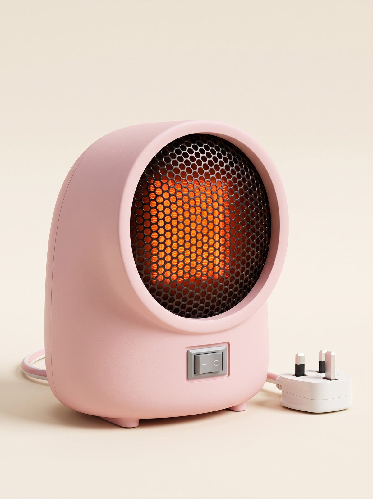 Mini Ceramic Heater 400 W – Pink – switched on with UK 3-pin plug