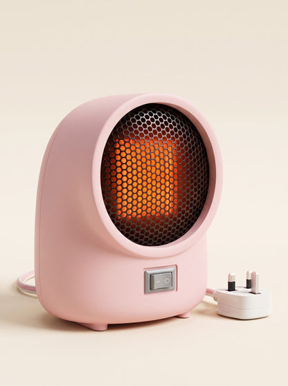 Mini Ceramic Heater 400 W – Pink – switched on with UK 3-pin plug