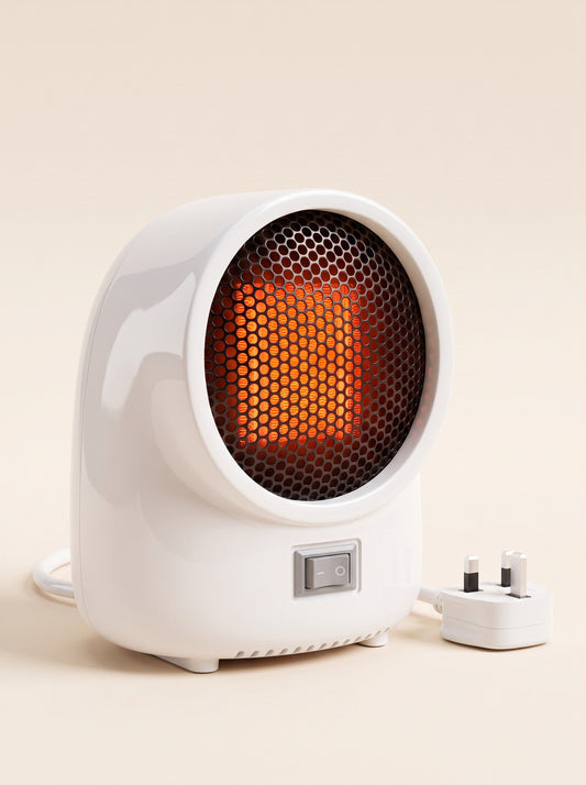 Mini Ceramic Heater 400 W – White – switched on with UK 3-pin plug