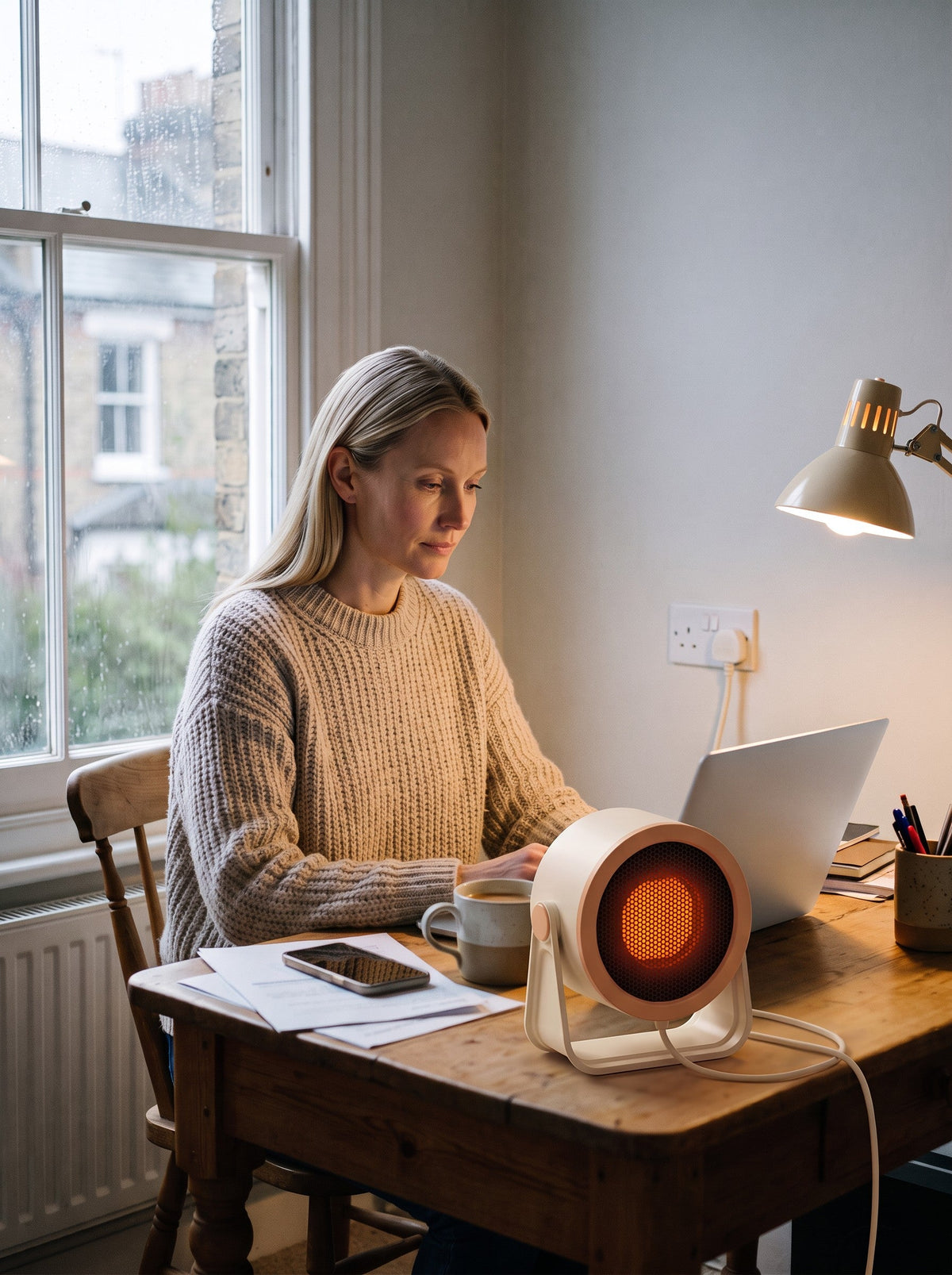 Mini Desk Heater – Design A White – on a home-office desk