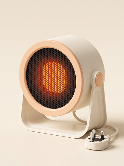 Mini Desk Heater – Design A White – switched on with UK plug