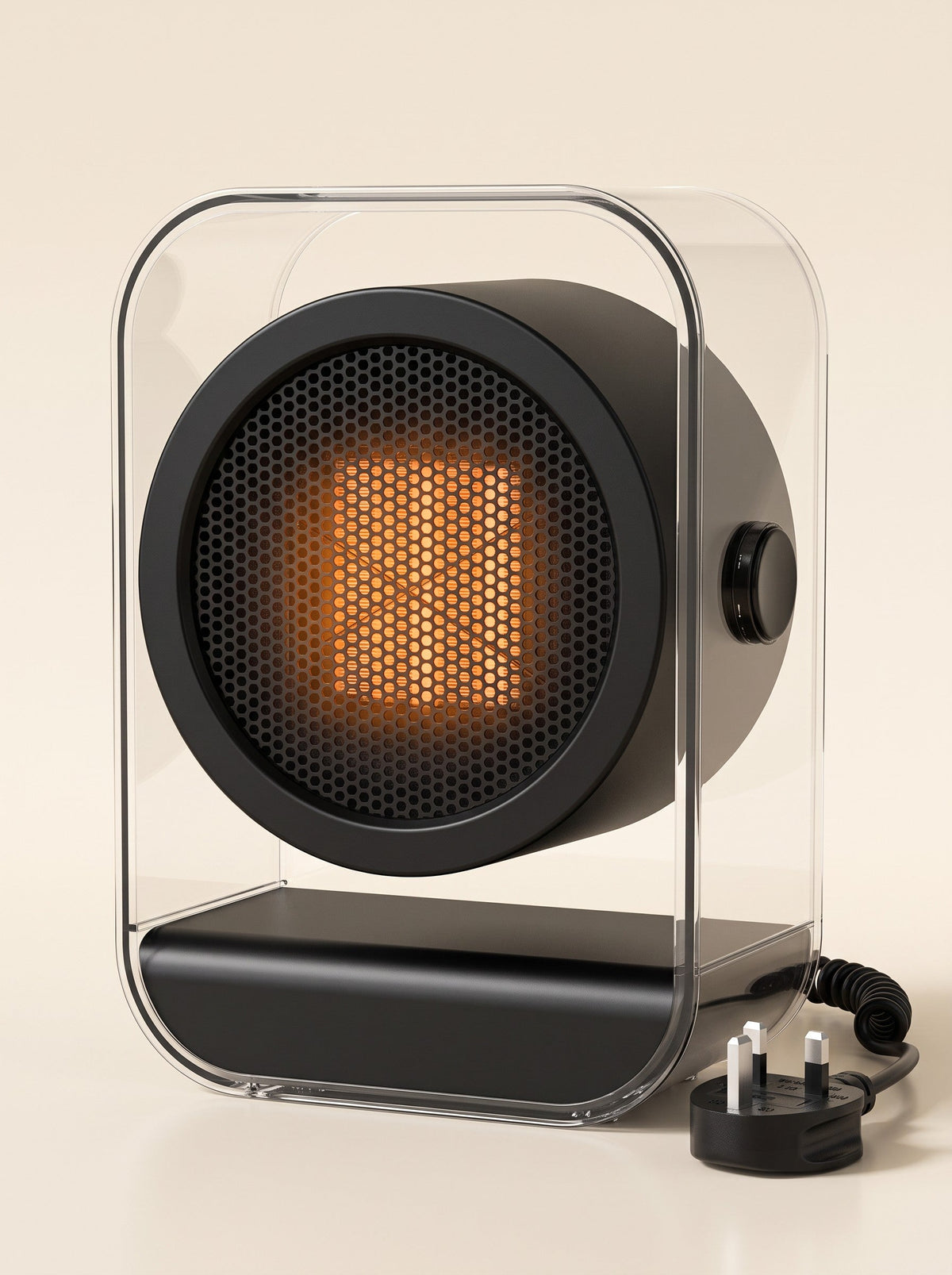 Mini Desk Heater – Design B Black – switched on with UK plug