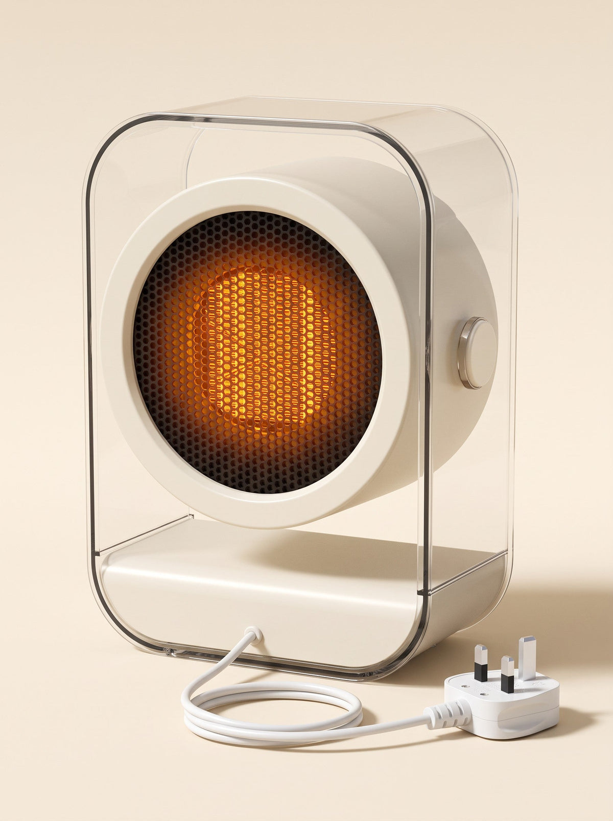Mini Desk Heater – Design B White – switched on with UK plug