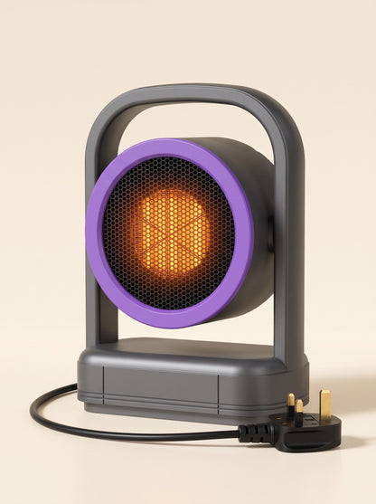 Mini Desk Heater – Design C Grey – switched on with UK plug