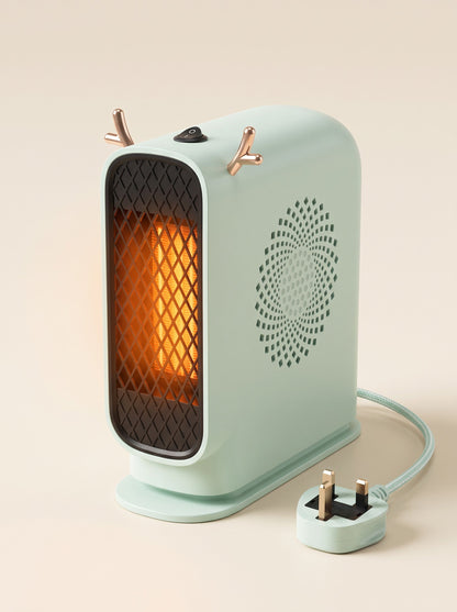 Mini Desk Heater – Design D Green – switched on with UK plug