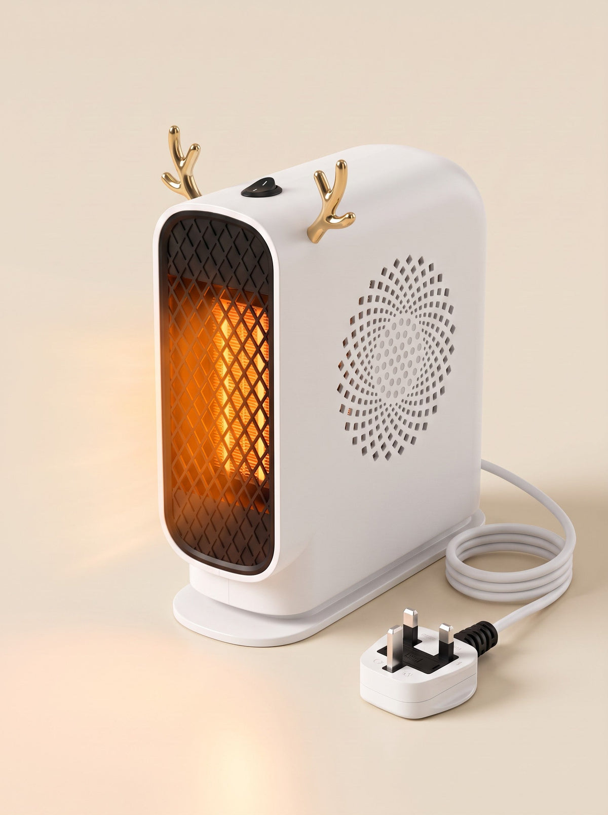 Mini Desk Heater – Design D Ivory – switched on with UK plug