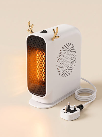 Mini Desk Heater – Design D Ivory – switched on with UK plug