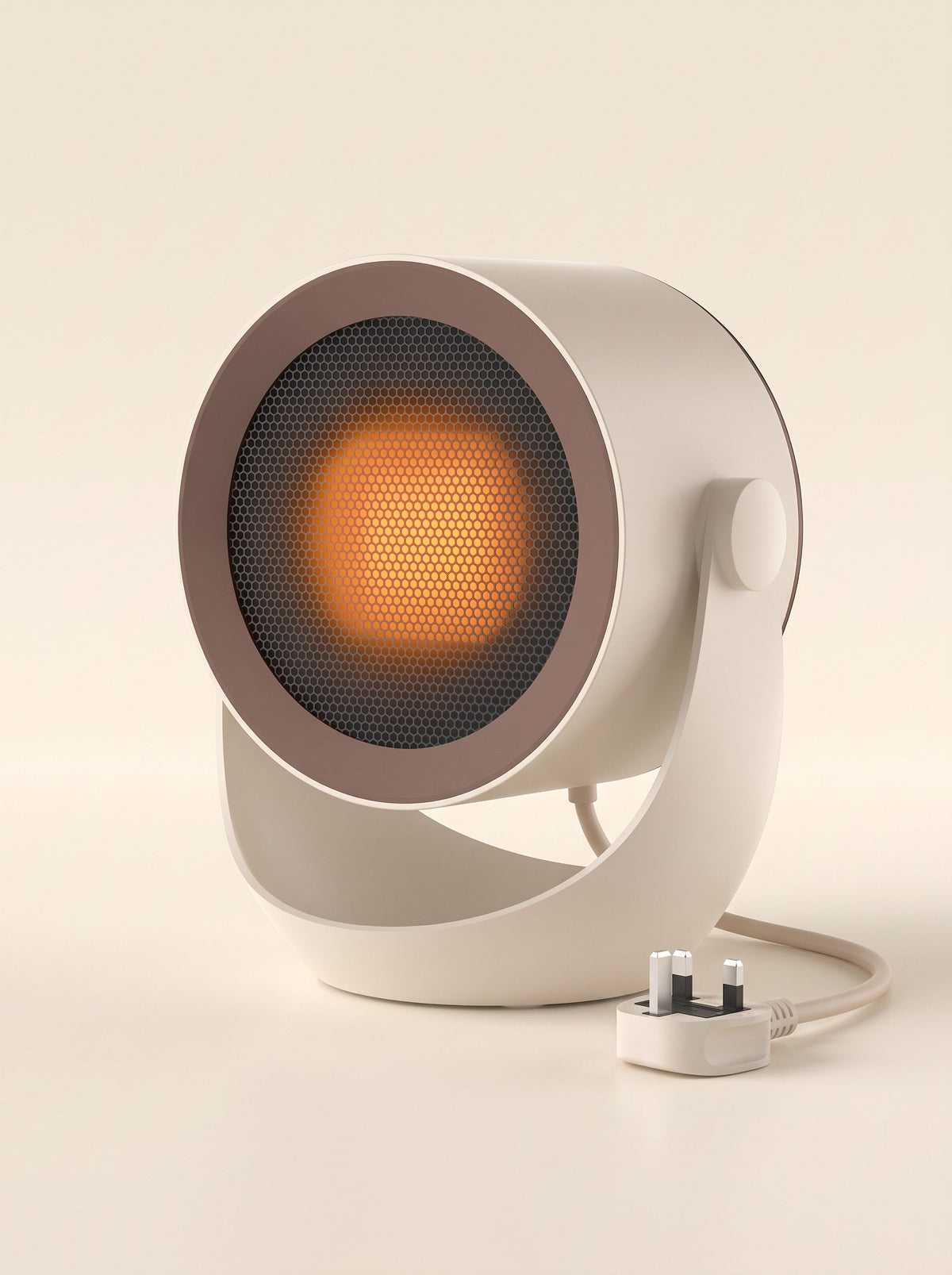 Mini Desk Heater – Design E Beige – switched on with UK plug