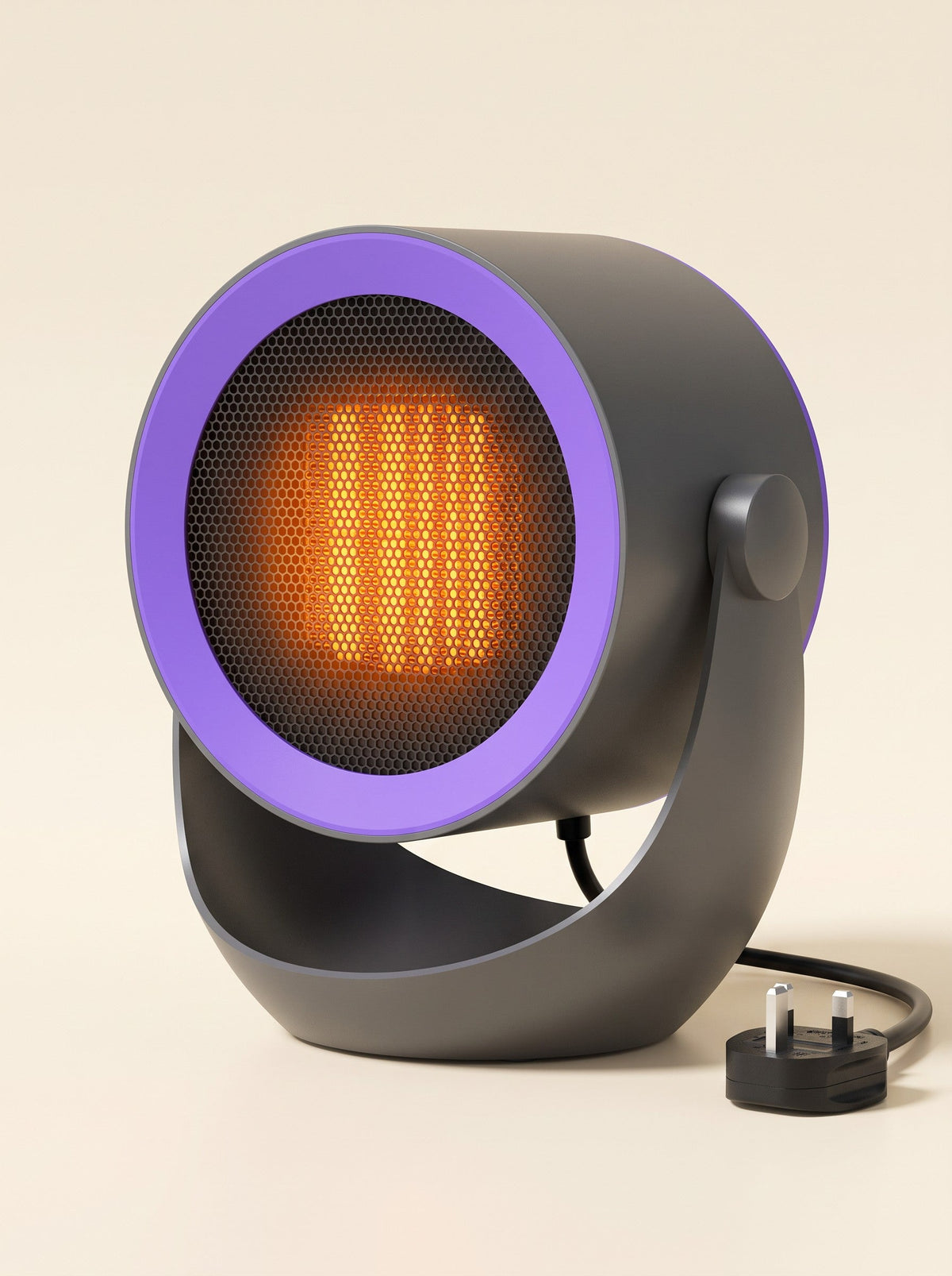 Mini Desk Heater – Design E Violet Grey – switched on with UK plug
