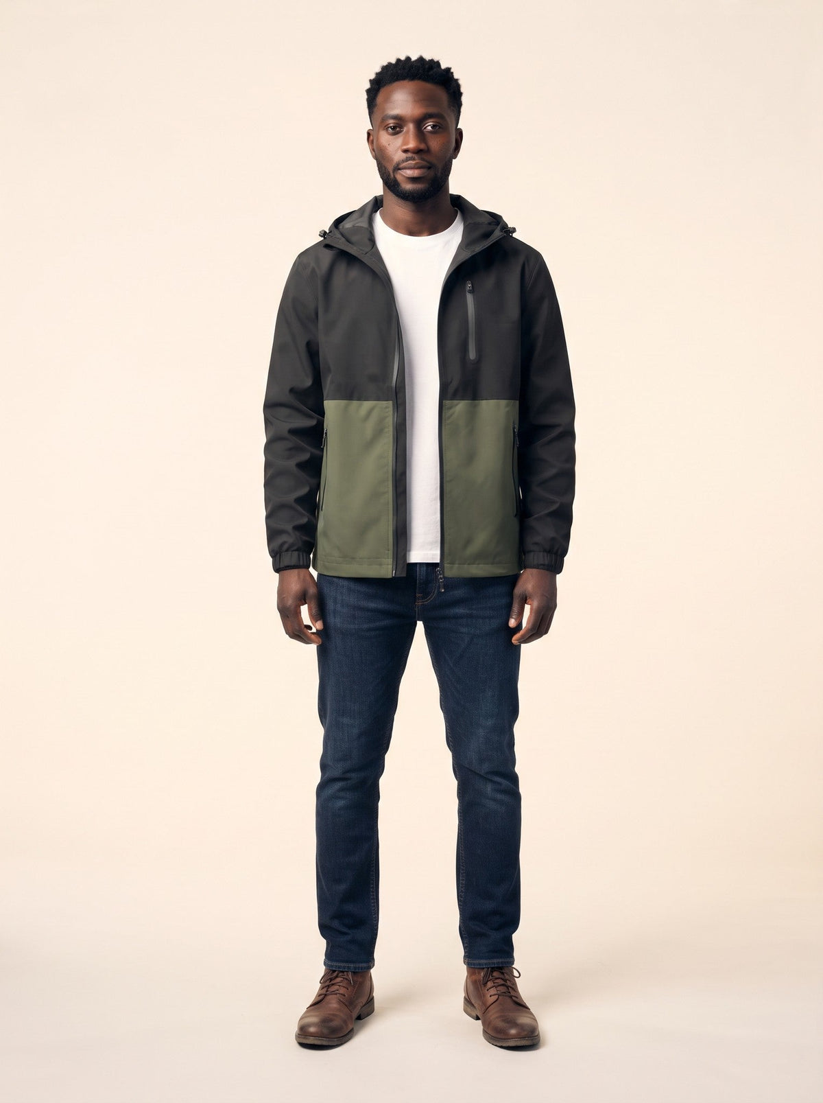 Men's Colour Block Hooded Jacket – Green – on model