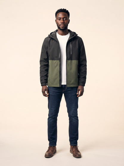 Men's Colour Block Hooded Jacket – Green – on model