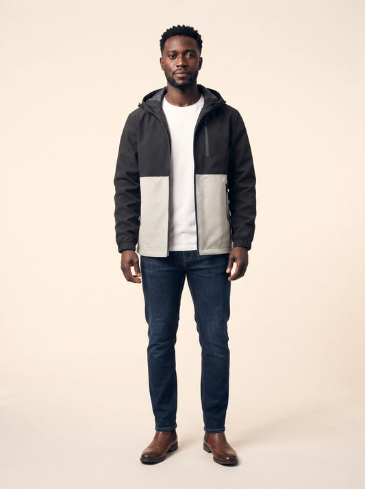 Men's Colour Block Hooded Jacket – Light Grey – on model