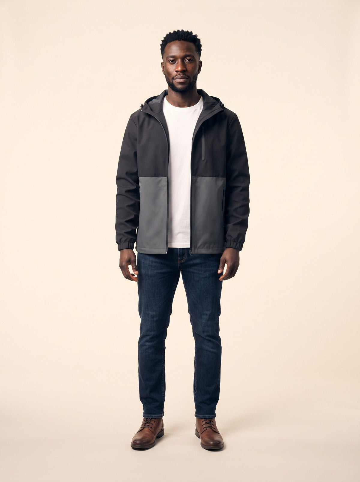 Men's Colour Block Hooded Jacket – Slate Grey – on model