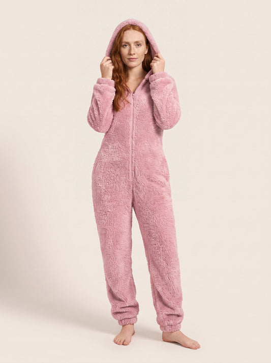 Women's Fleece Onesie – Pink – worn, front view